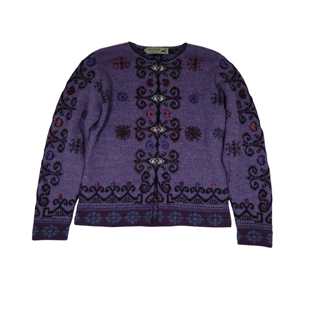 Peruvian Link Alpaca Cardigan Sweater Med Purple Boho Artsy Hippie Cottagecore
